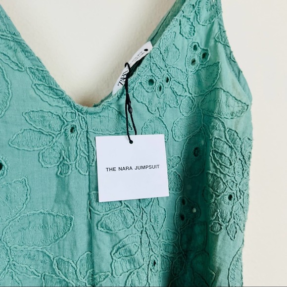 ZARA Sage Green Eyelet Nara Romper XS Floral Tie Waist NWT Bohemian Pastel - Picture 5 of 8